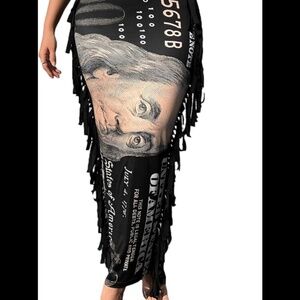 Women's Figure Graphic Print Fringe Trim High Waist Bodycon Skirt w/ tassels